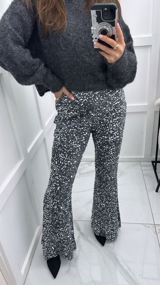 ASHLEE silver sequin velvet flares