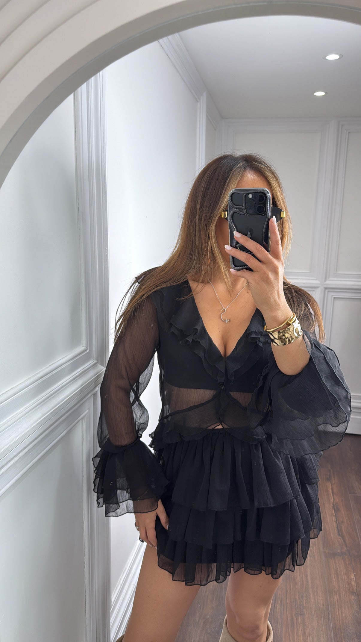ANNIE black chiffon top and skirt co-ord