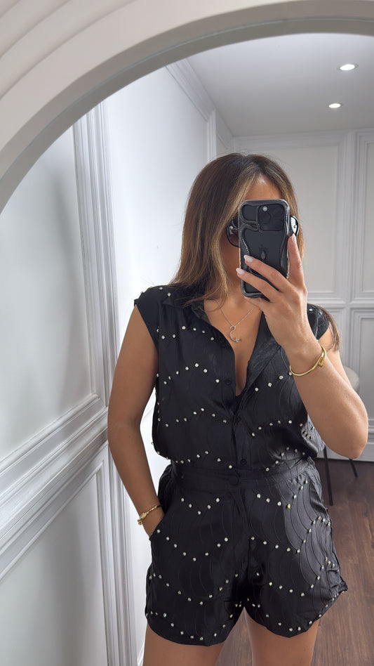 SHANNON black satin diamanté detail top and shorts co-ord