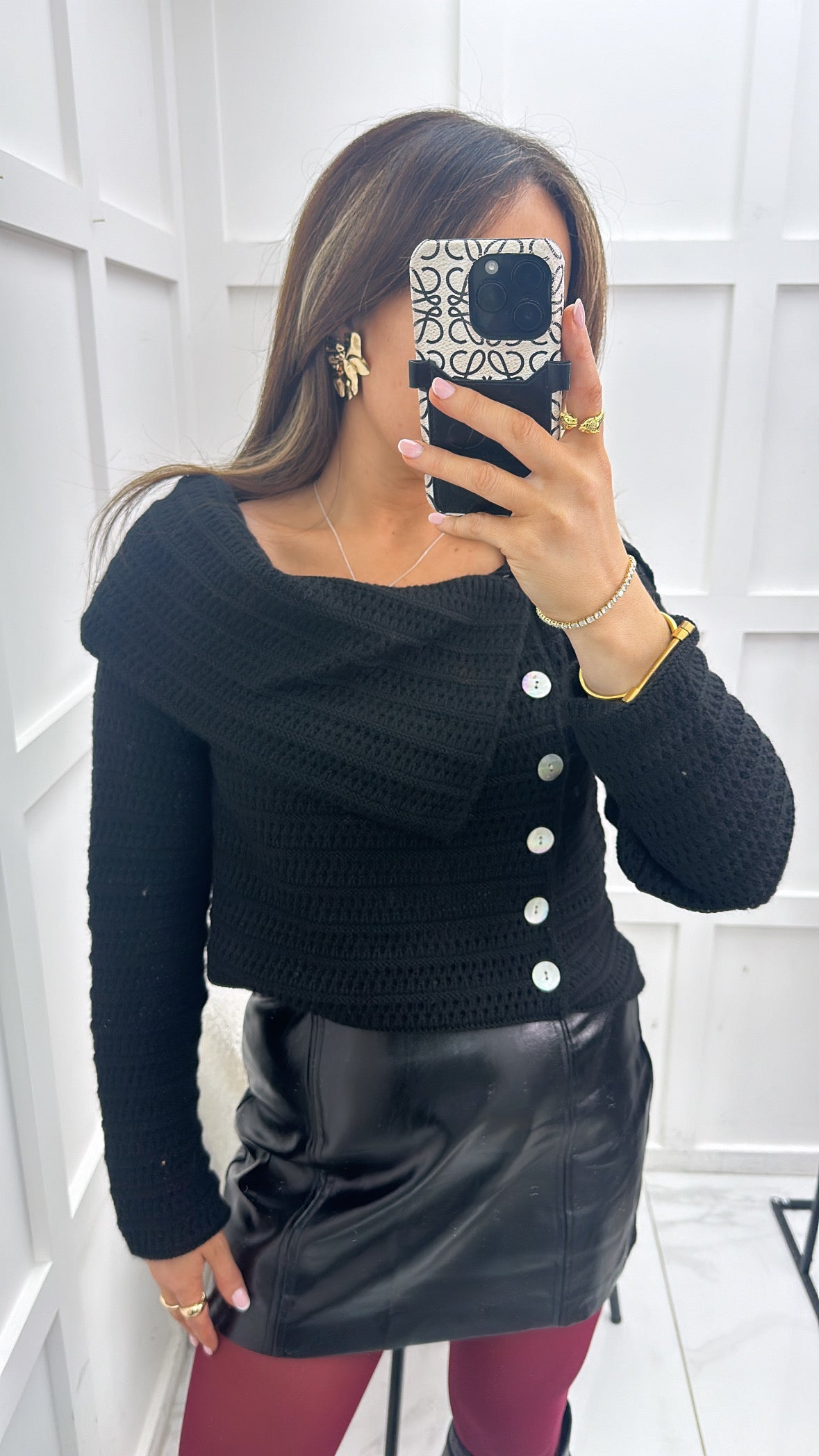 AVERY black bardot knitted button jumper