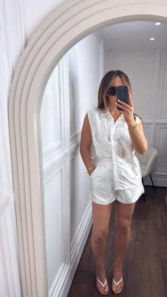 SHANNON white satin diamanté detail top and shorts co-ord