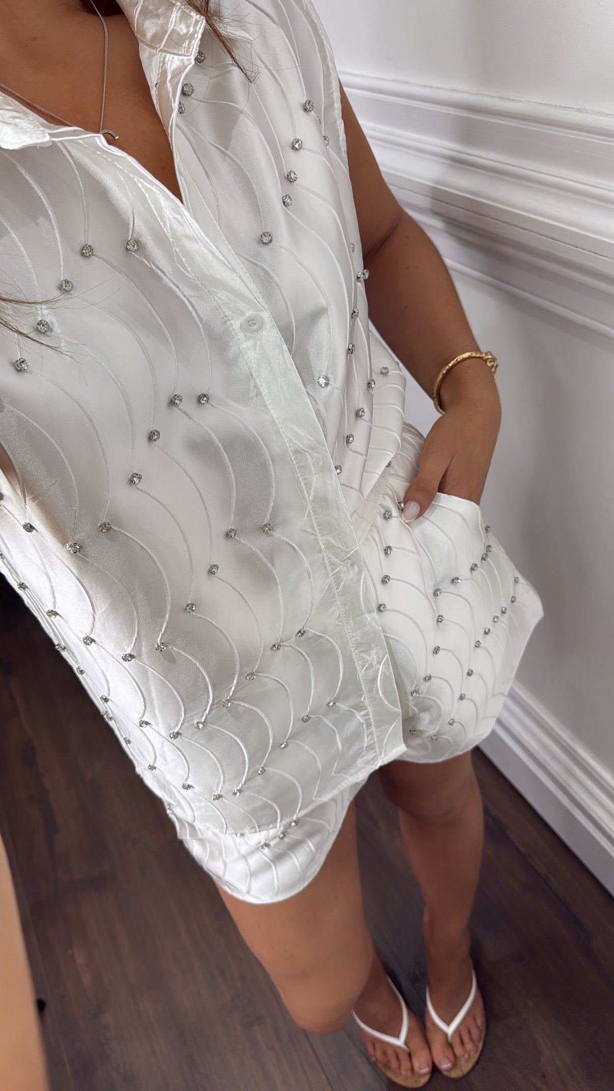 SHANNON white satin diamanté detail top and shorts co-ord