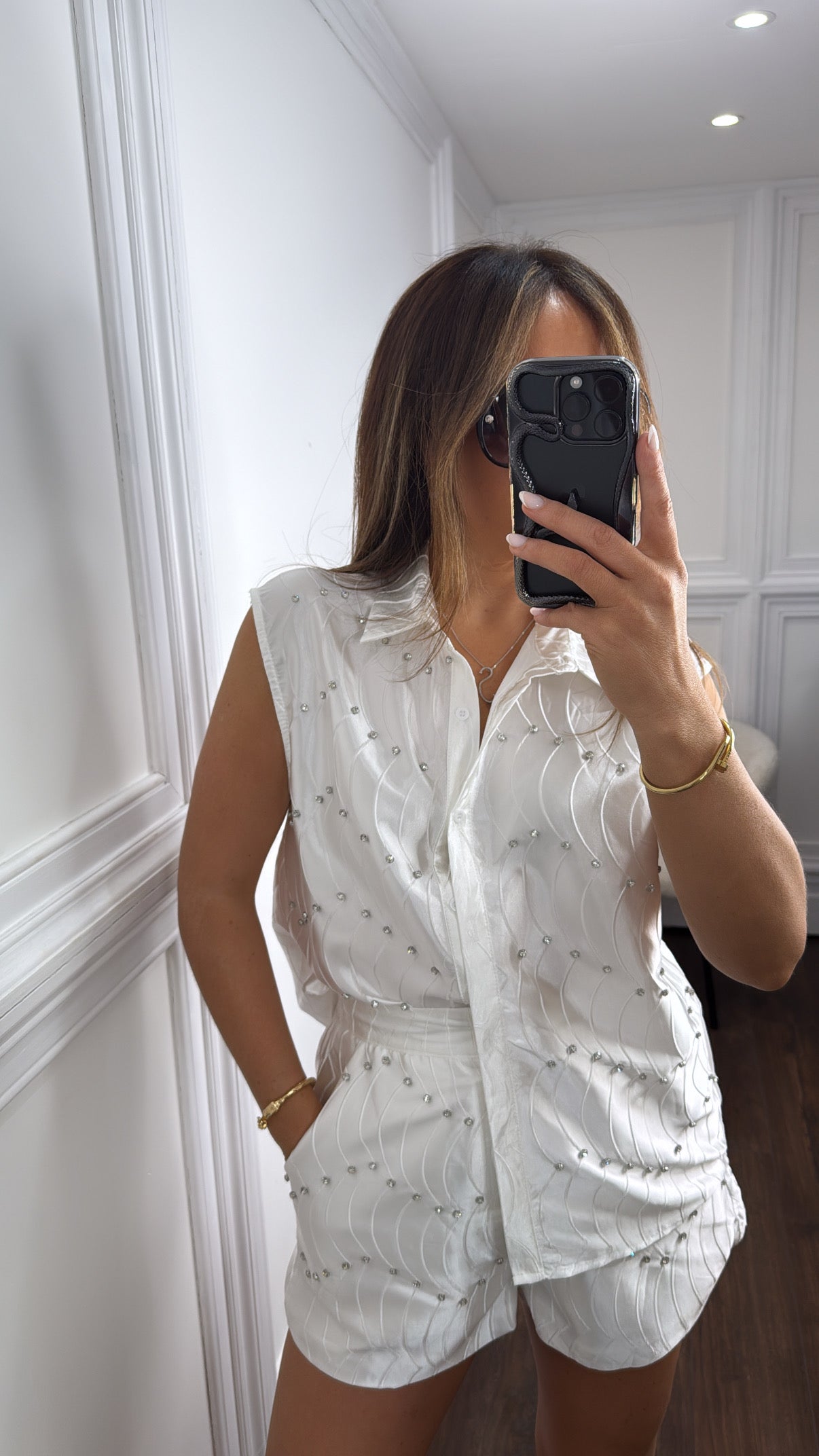 SHANNON white satin diamanté detail top and shorts co-ord