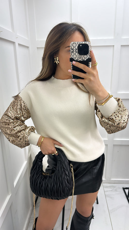 JESSIE cream knit jumper with leopard sequin sleeves