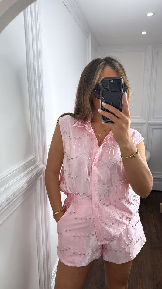 SHANNON pink satin diamanté detail top and shorts co-ord