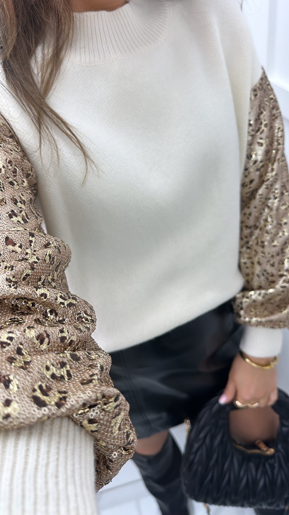 JESSIE cream knit jumper with leopard sequin sleeves