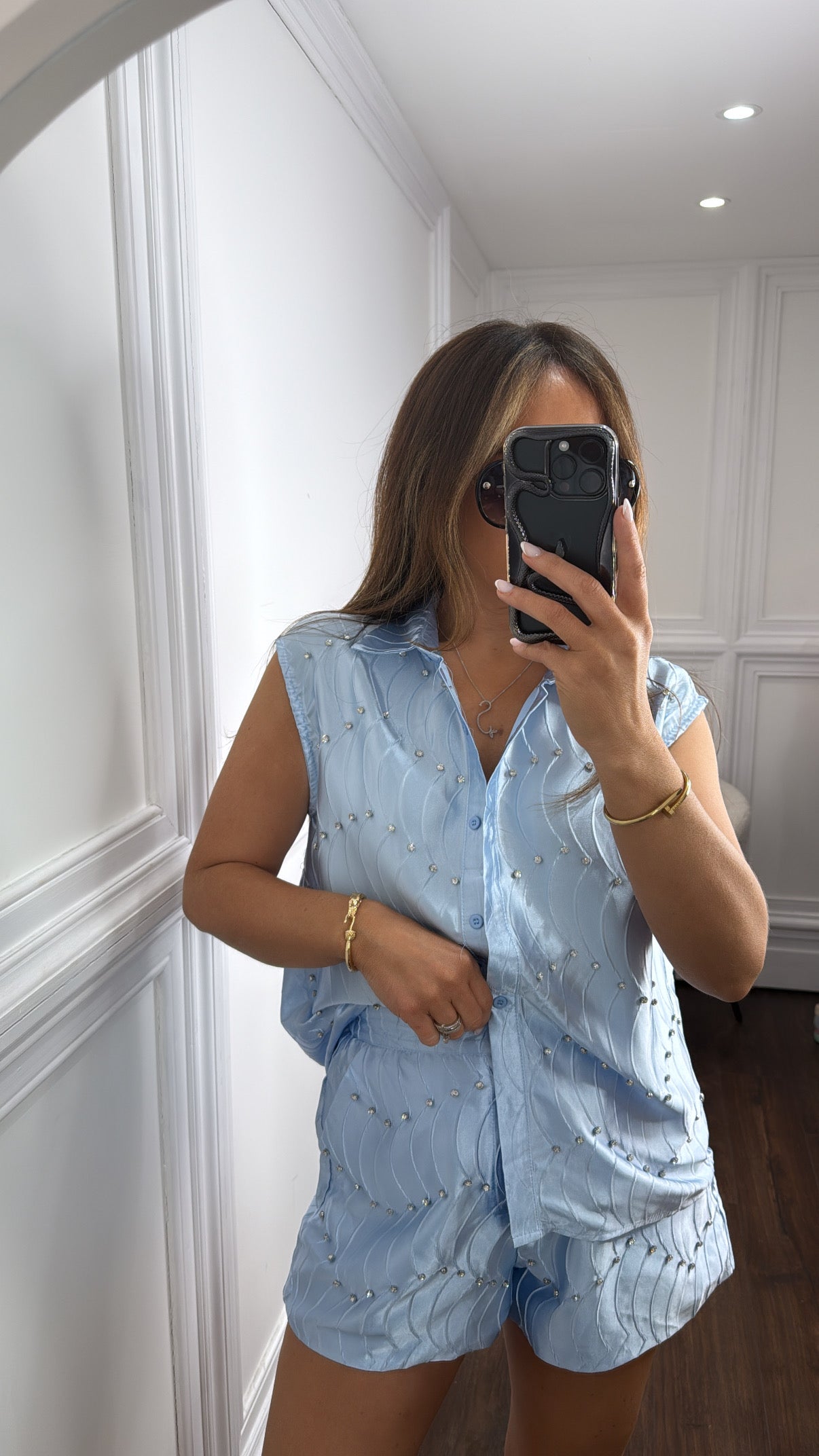 SHANNON blue satin diamanté detail top and shorts co-ord