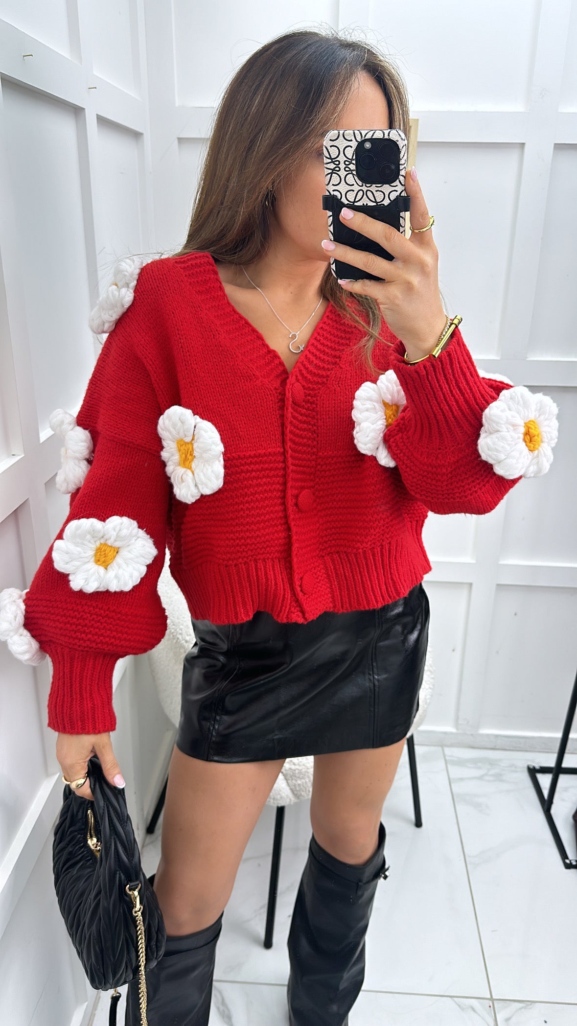 BLAKE red premium chunky knit flower cardigan