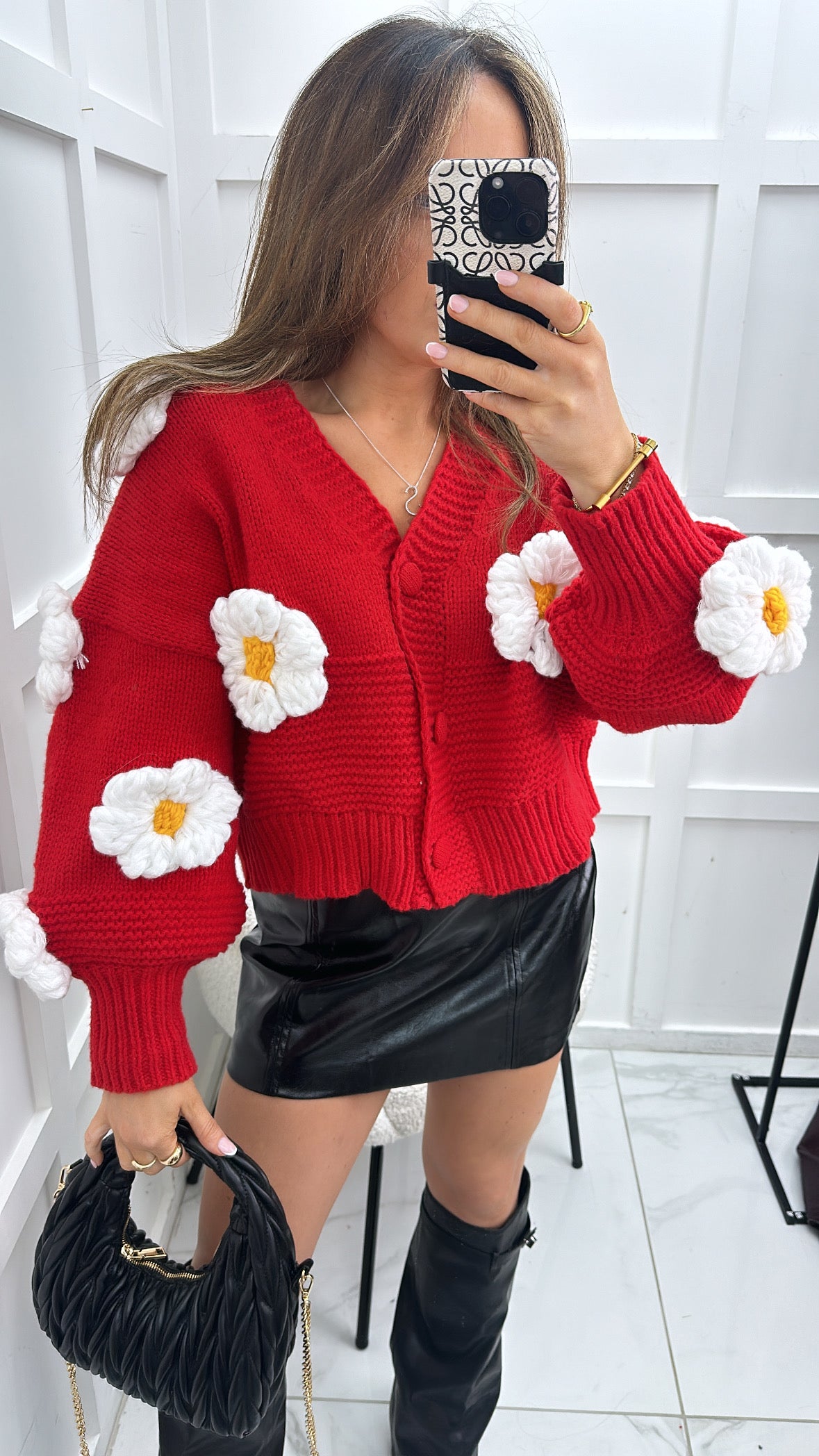 BLAKE red premium chunky knit flower cardigan