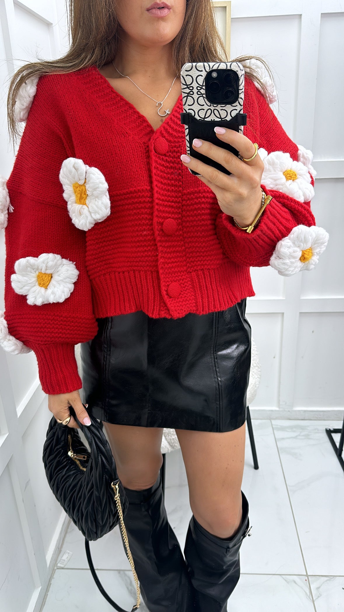 BLAKE red premium chunky knit flower cardigan