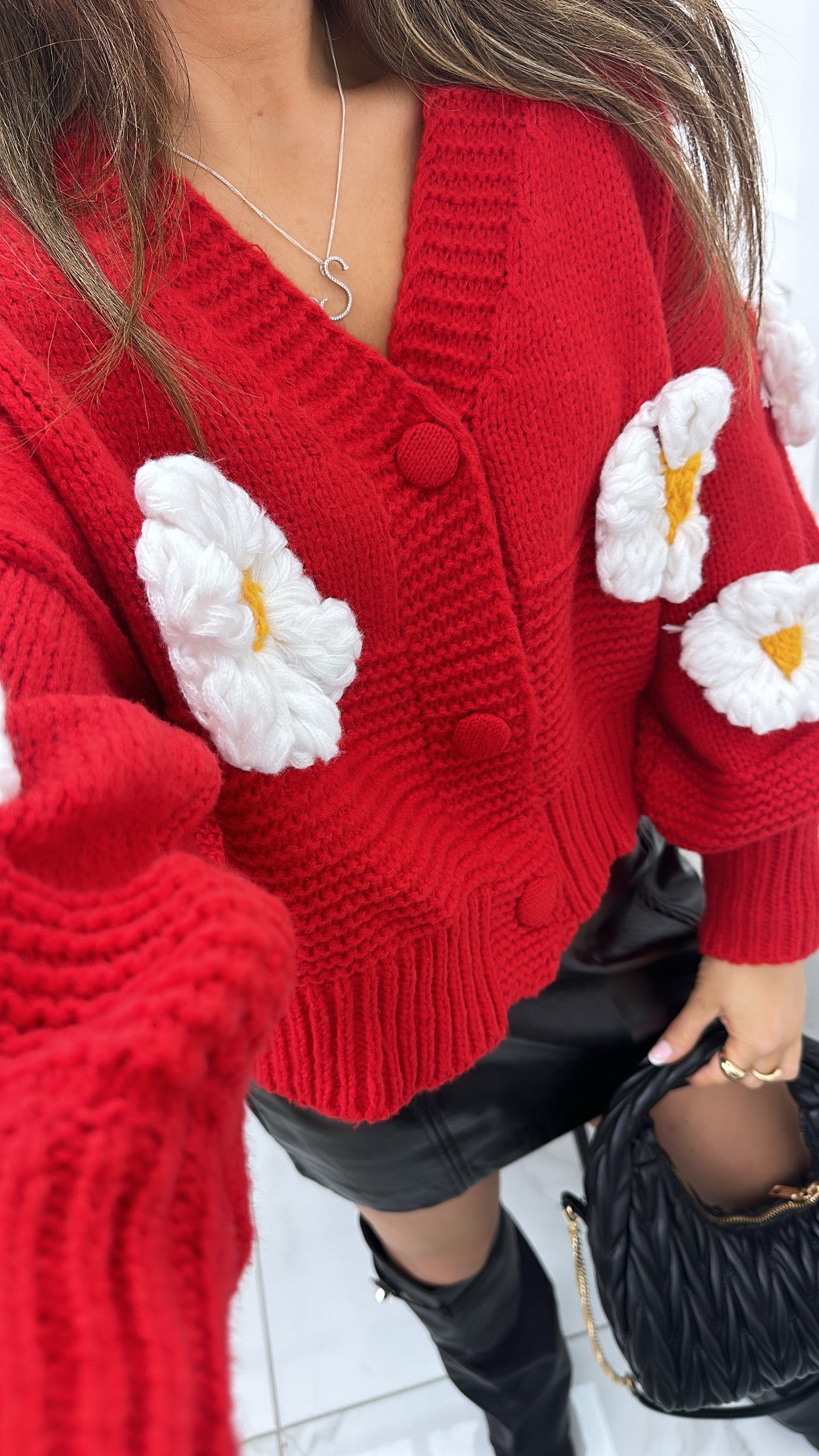 BLAKE red premium chunky knit flower cardigan