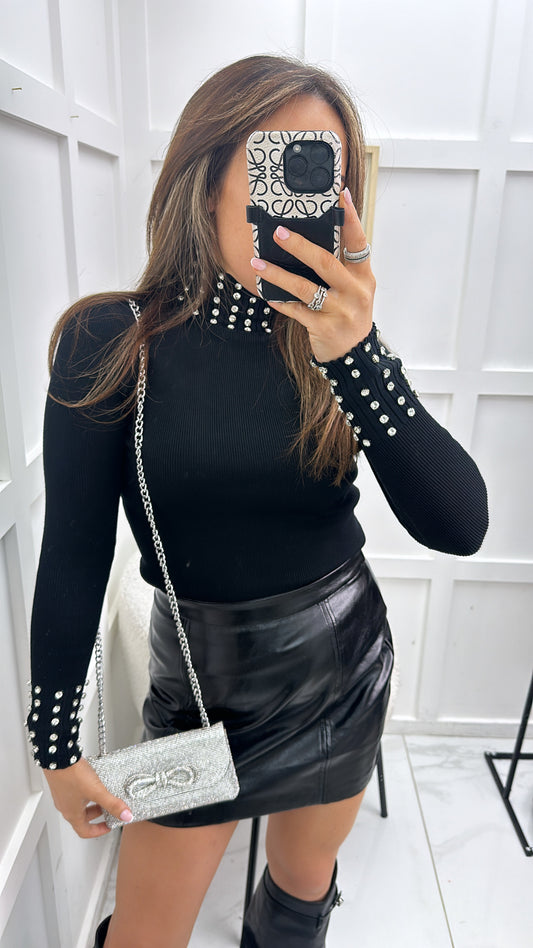 ELLIE black high neck diamante jumper