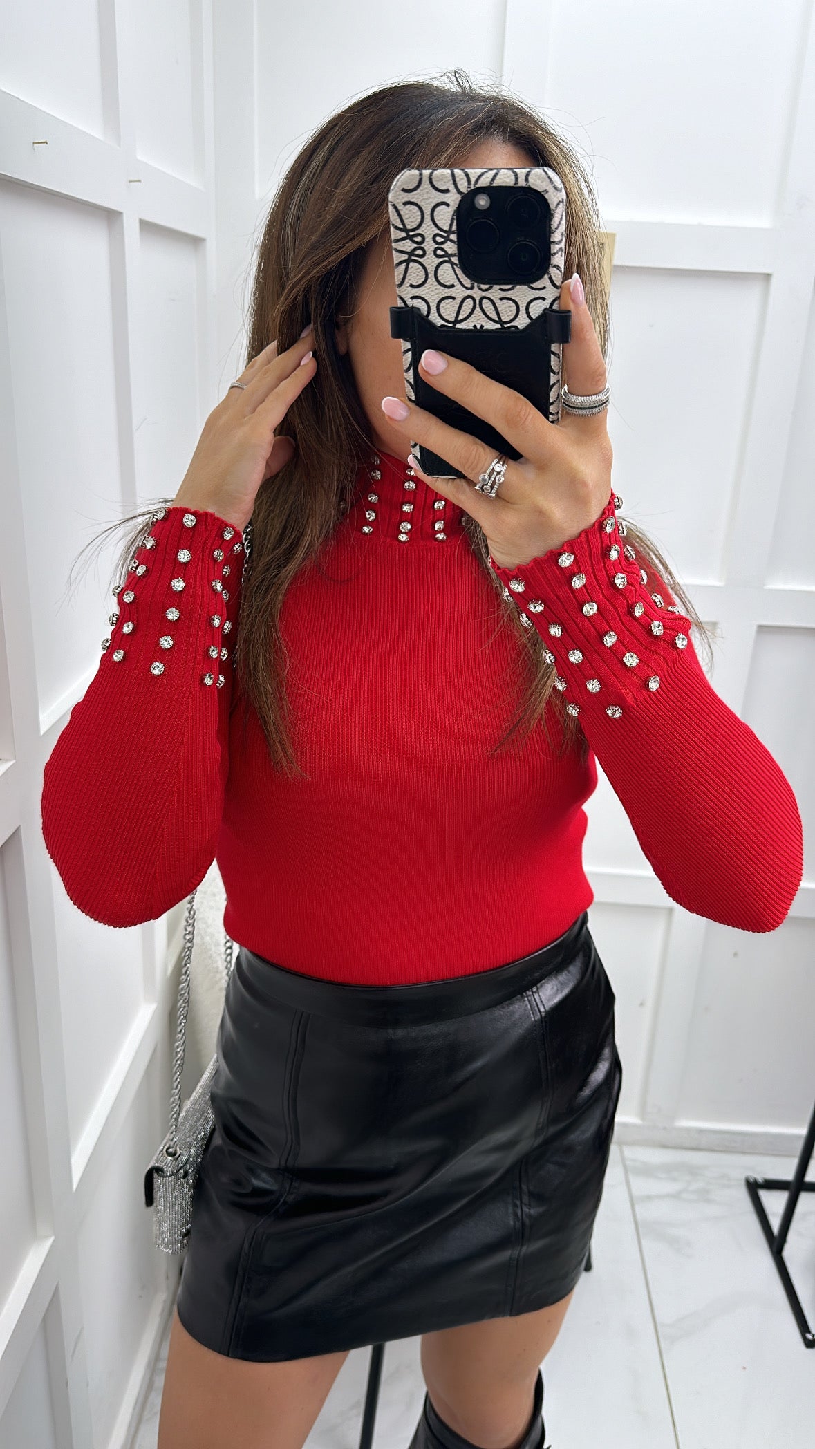 ELLIE red high neck diamante jumper