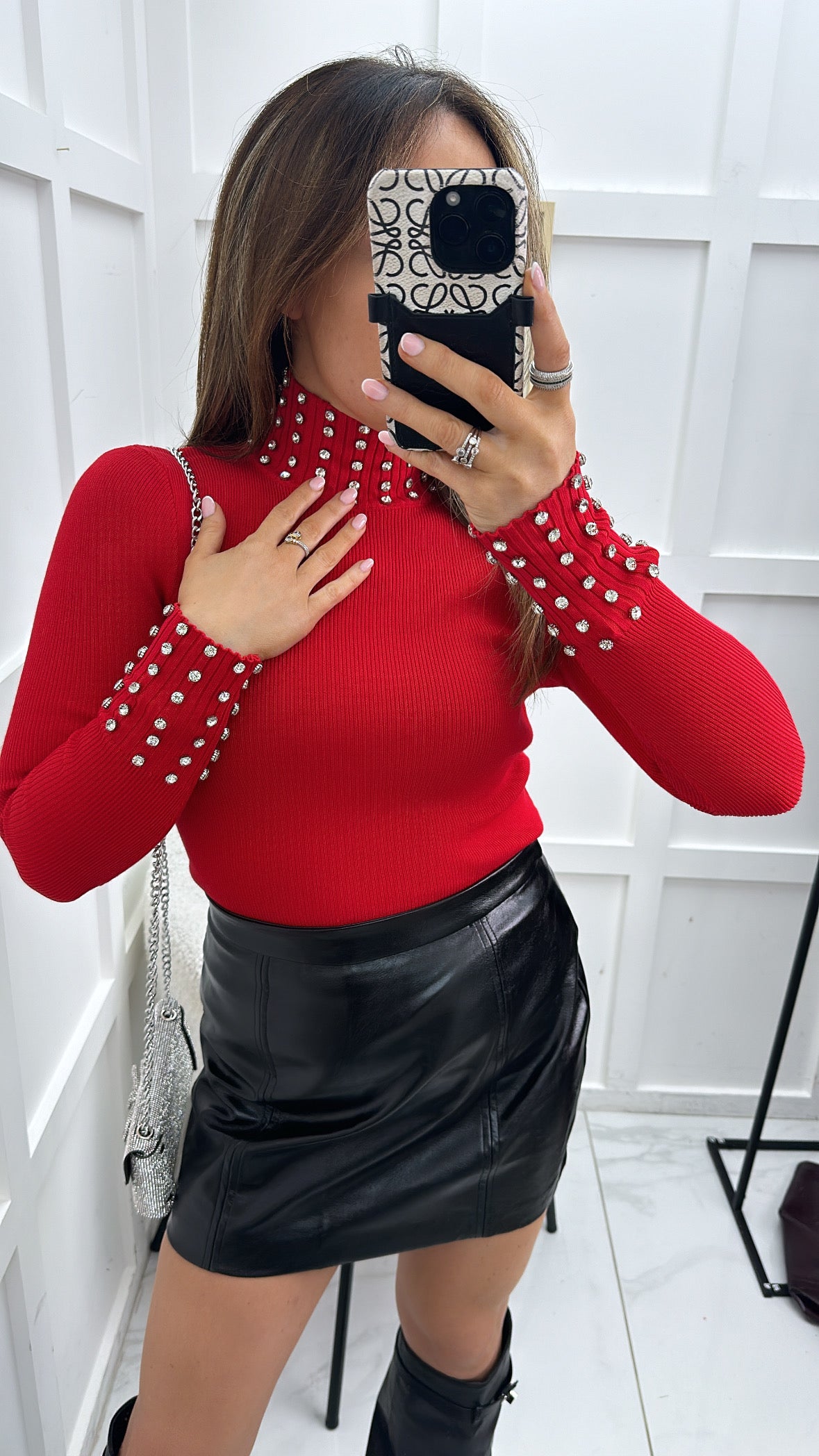 ELLIE red high neck diamante jumper