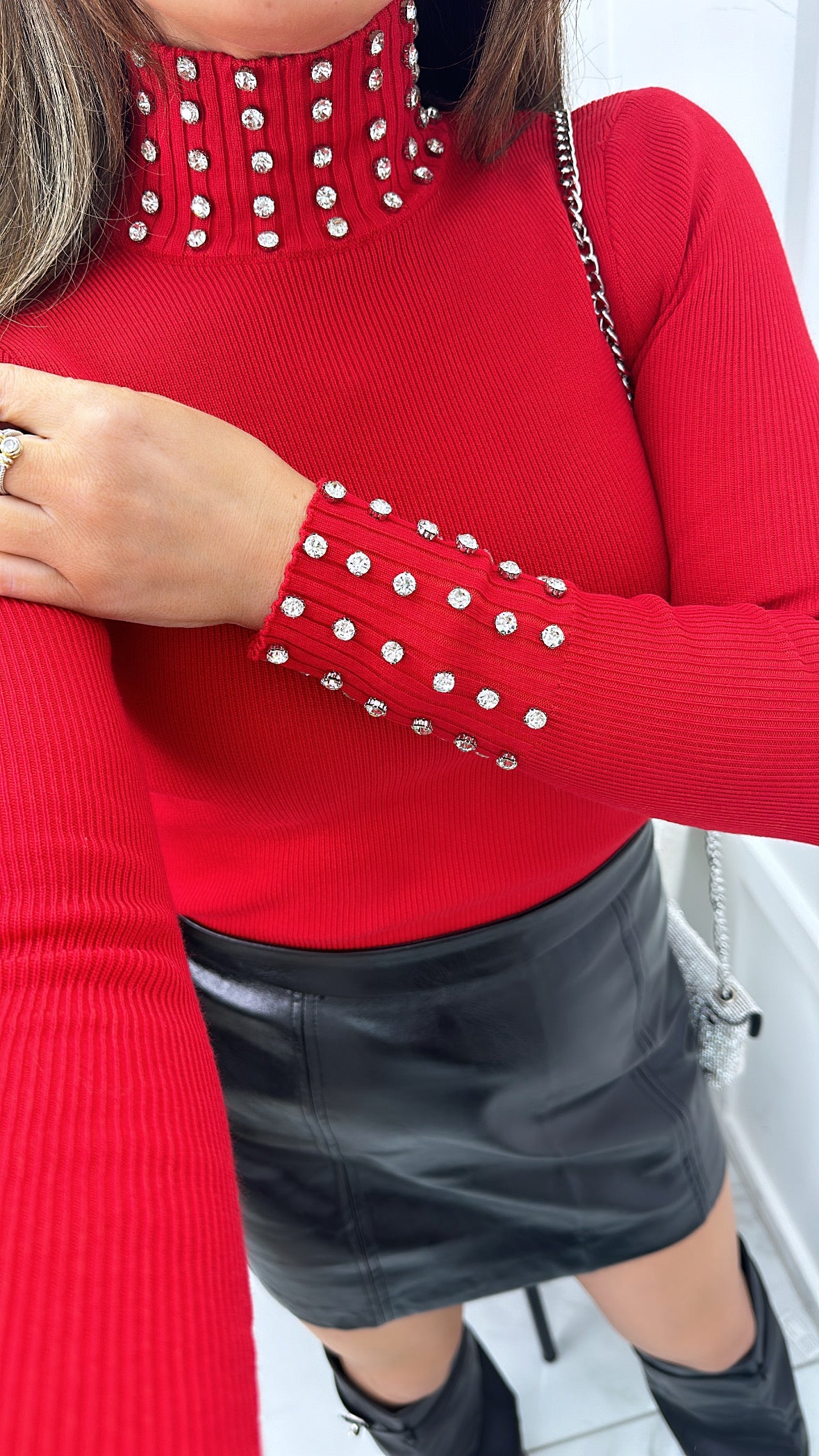 ELLIE red high neck diamante jumper