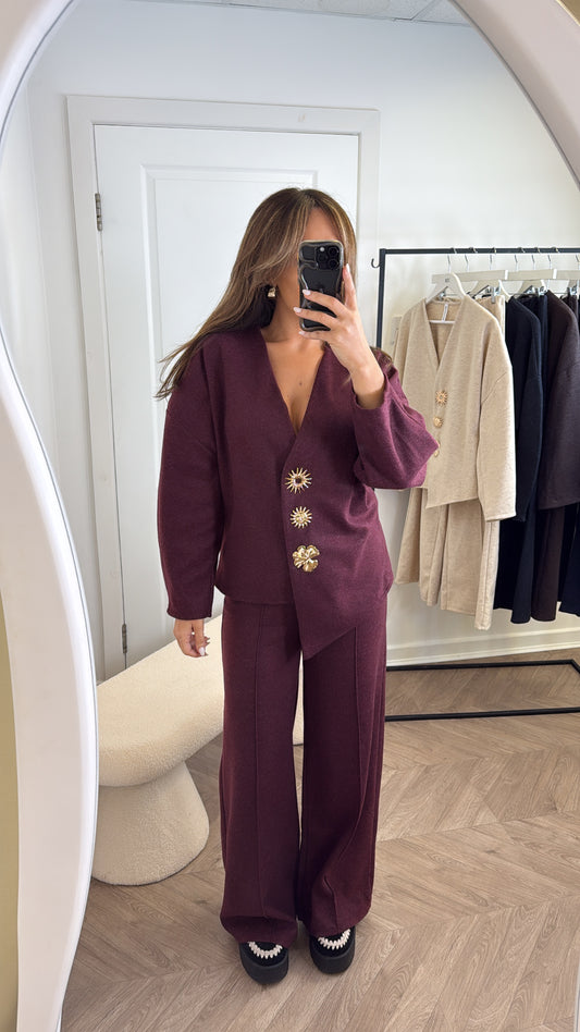 MARGOT burgundy cosy gold brooch detail co-ord