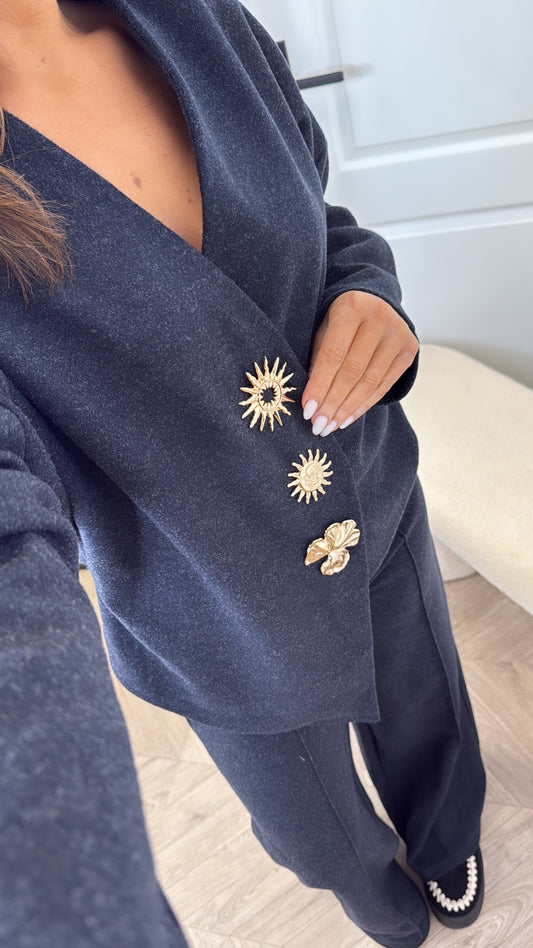 MARGOT charcoal cosy gold brooch detail co-ord