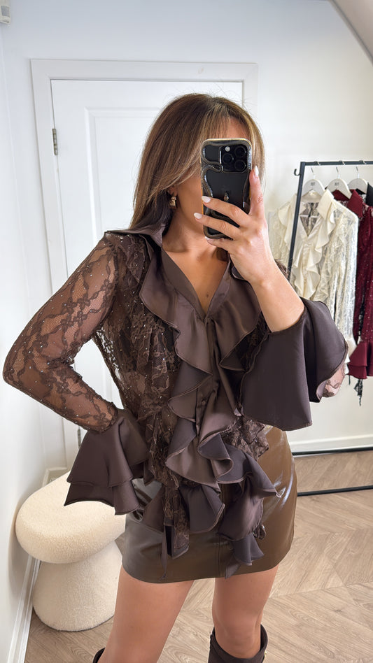 FRANKIE brown lace blouse with ruffle & jewel detailing
