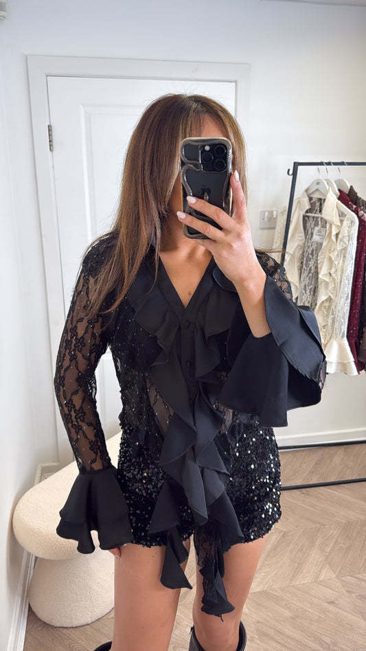 FRANKIE black lace blouse with ruffle & jewel detailing