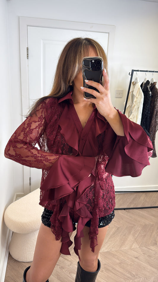 FRANKIE burgundy lace blouse with ruffle & jewel detailing