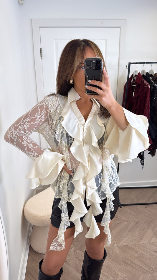 FRANKIE cream lace blouse with ruffle & jewel detailing