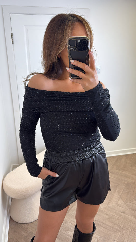 ROXANNE black stud detail bardot top