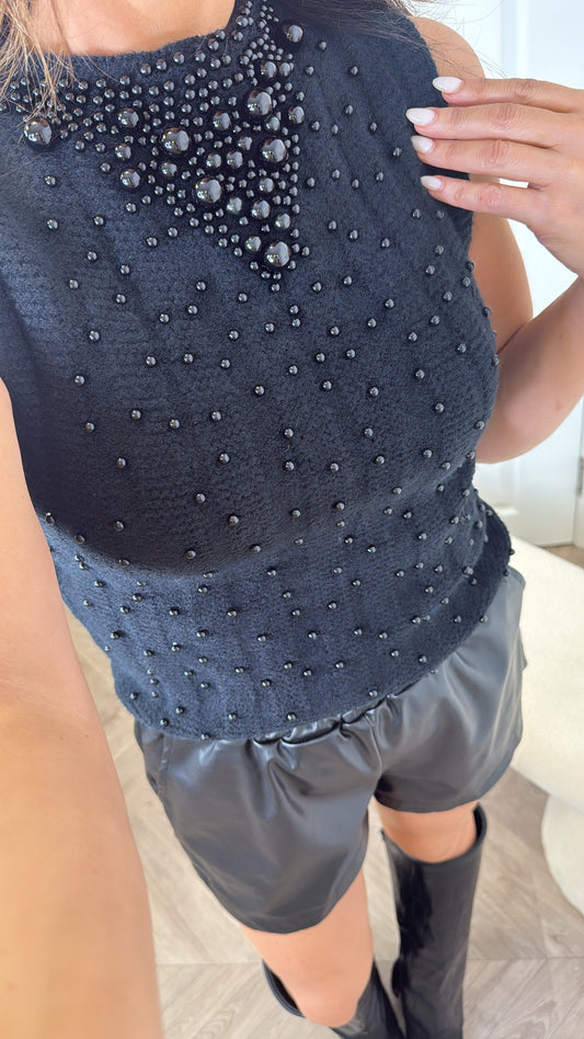 BILLIE black pearl embellished knitted vest