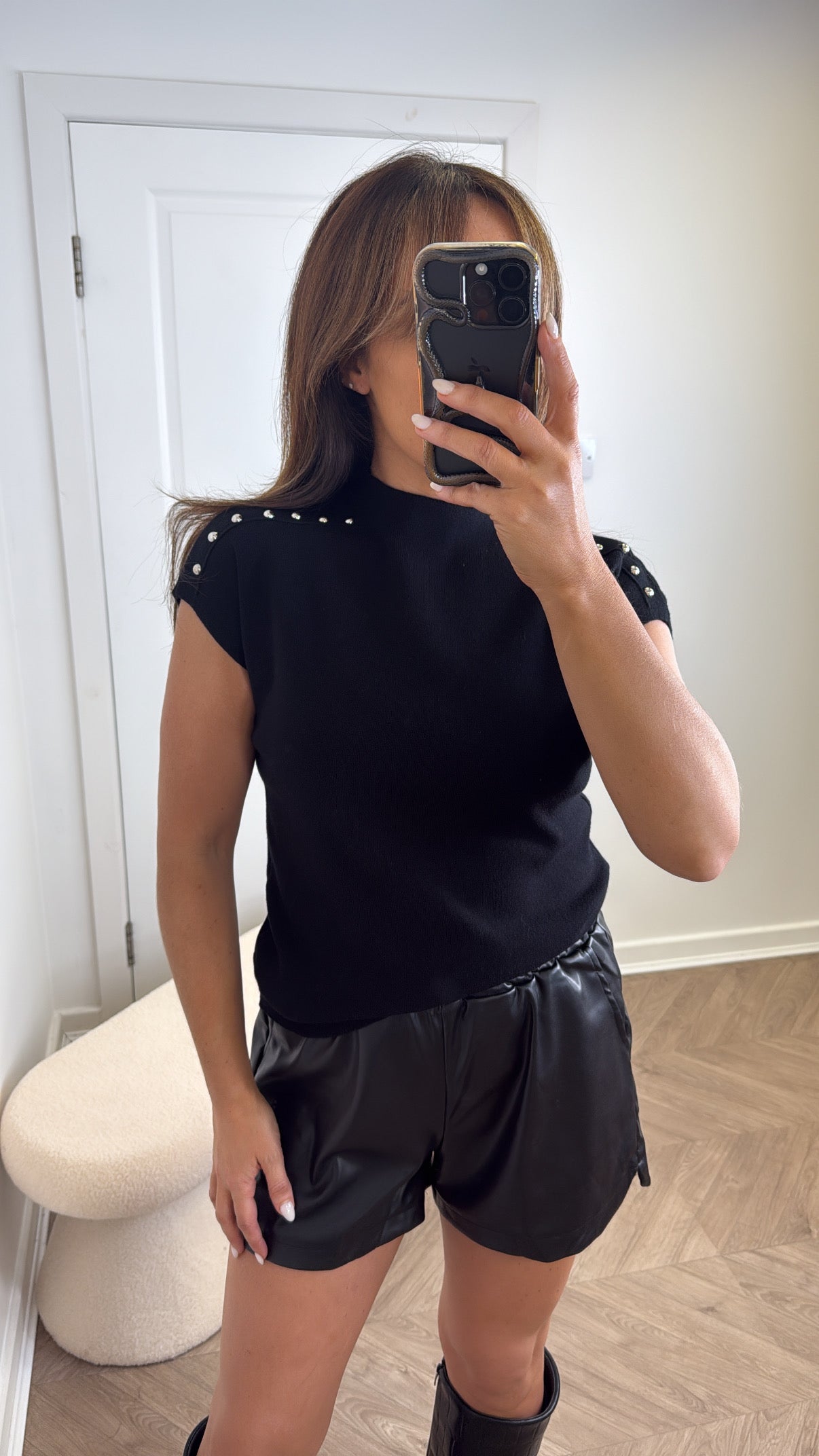 KAYLA black fine knit stud detail top