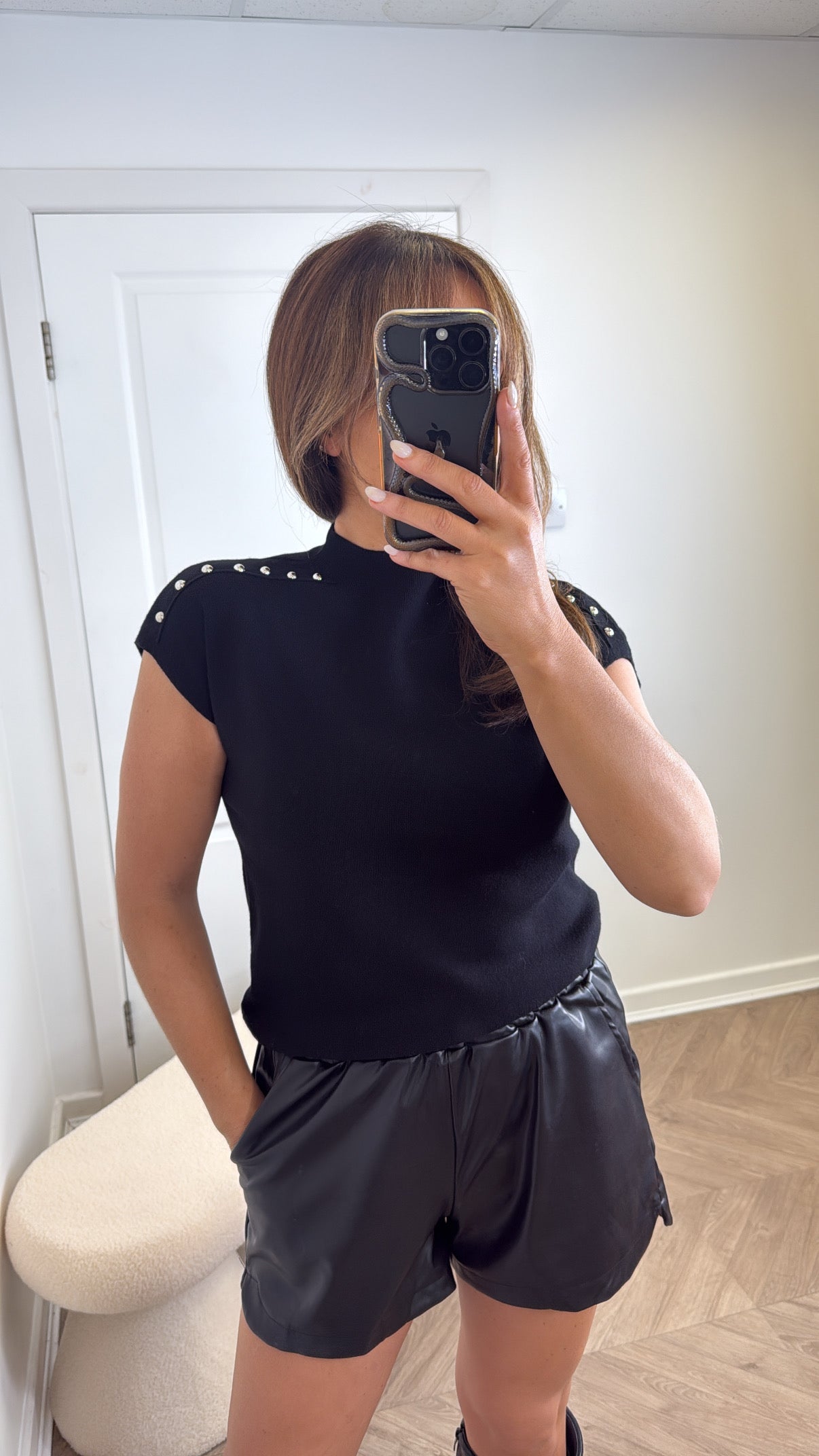 KAYLA black fine knit stud detail top