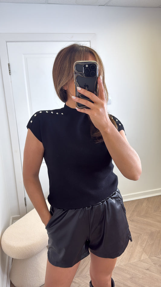 KAYLA black fine knit stud detail top