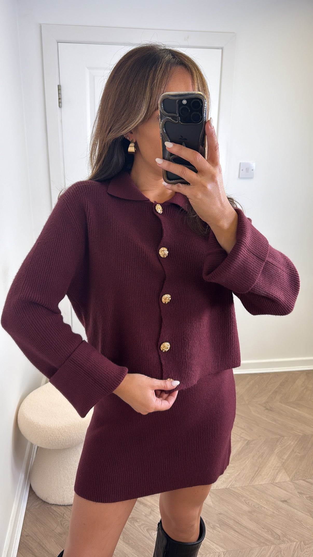 BELLA burgundy knitted cardigan and skirt co-ord