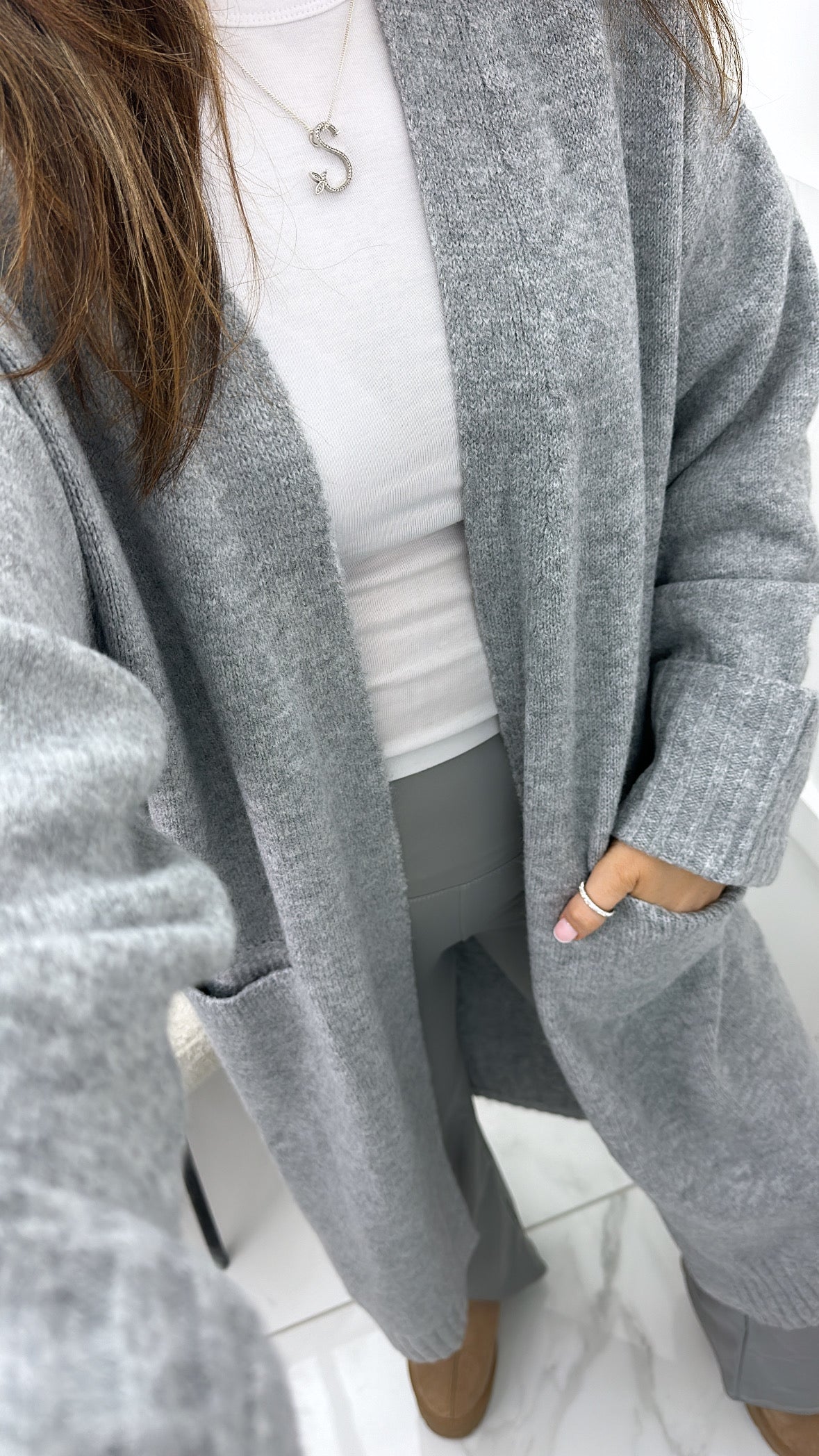 NATALIE grey soft knit long cardigan