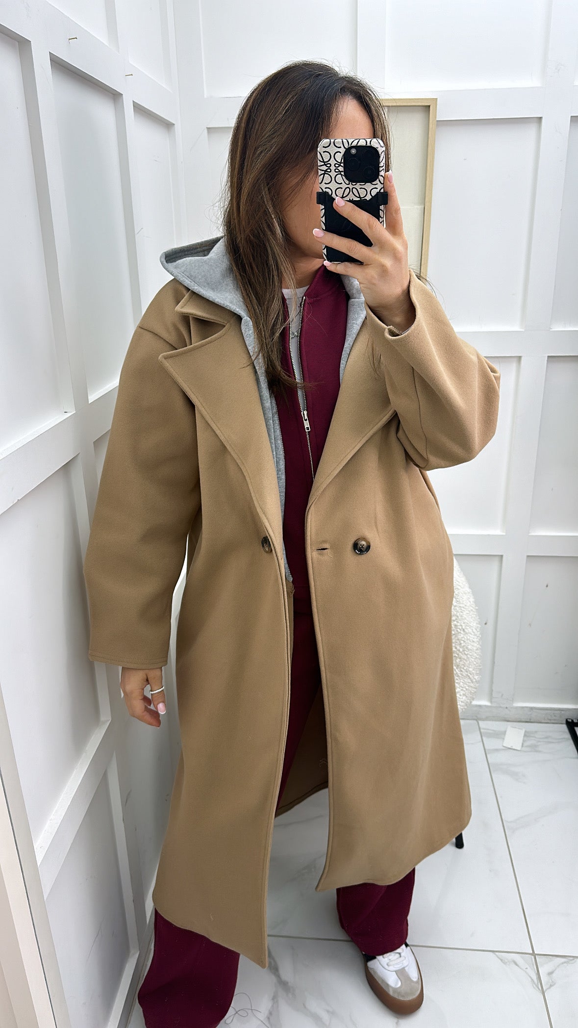 ROCHELLE camel long duster coat with hood