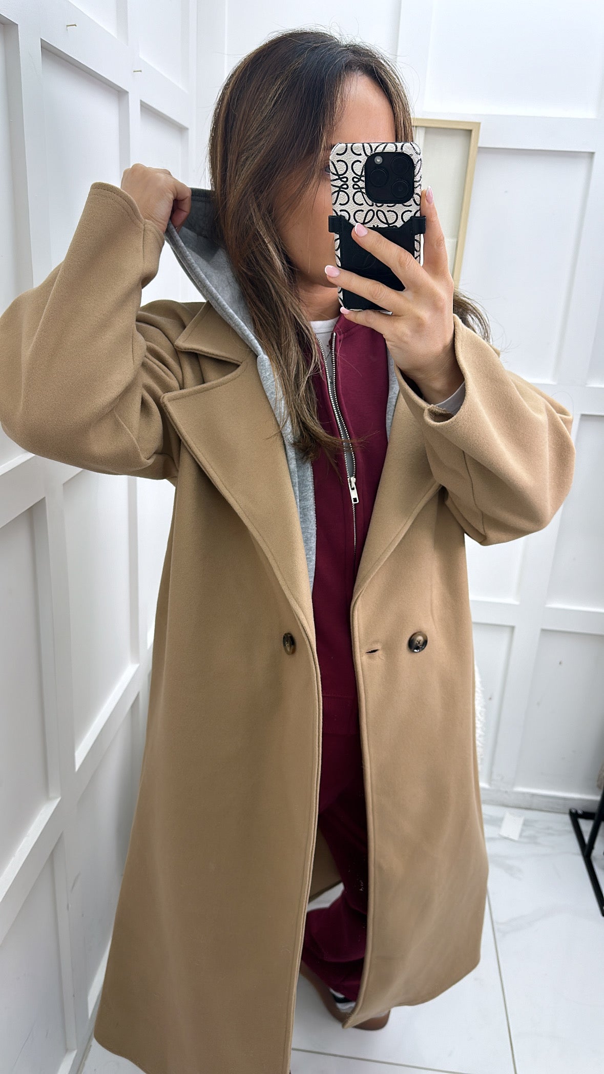 ROCHELLE camel long duster coat with hood