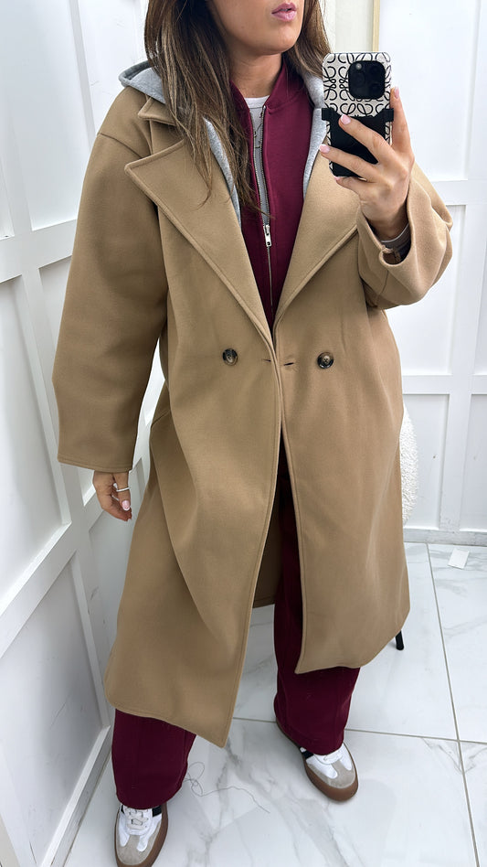 ROCHELLE camel long duster coat with hood