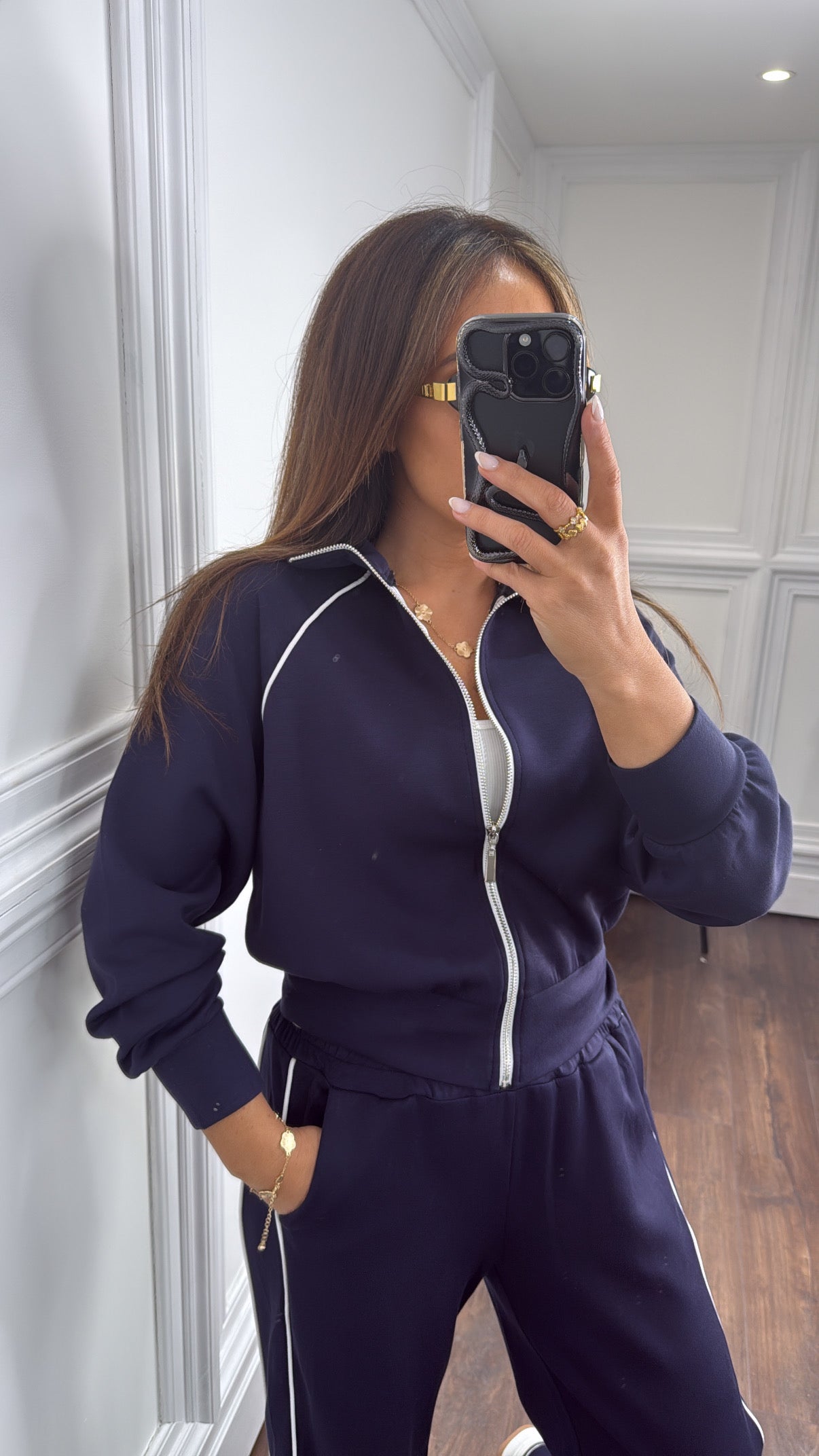 ORLA navy and white stripe zip jacket and wide trouser tracksuit