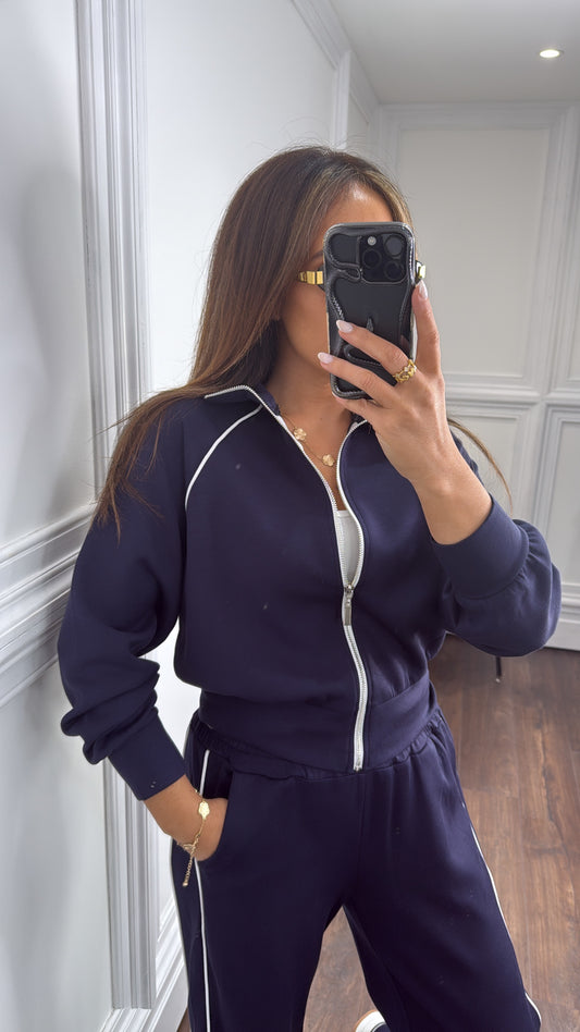 ORLA navy and white stripe zip jacket and wide trouser tracksuit