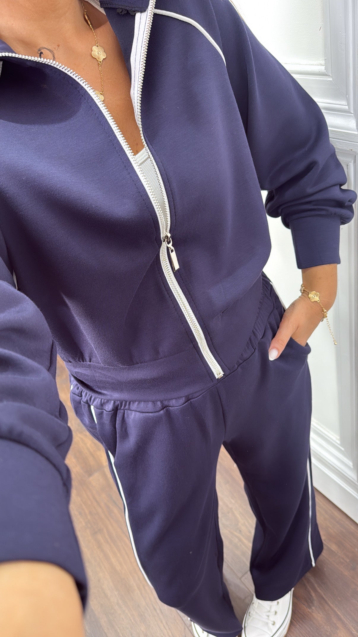 ORLA navy and white stripe zip jacket and wide trouser tracksuit