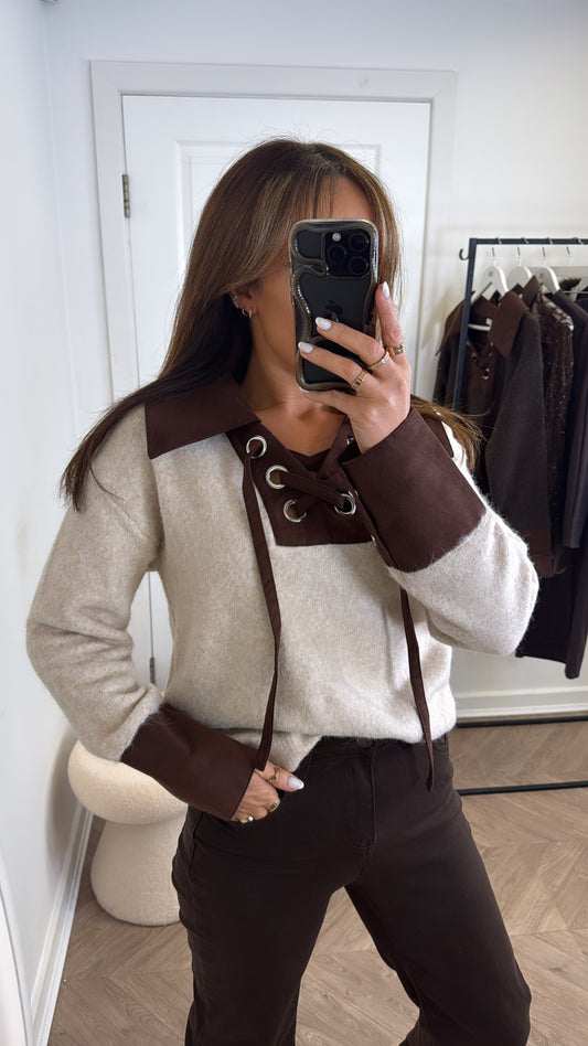 ABIGAIL beige with brown super soft jumper