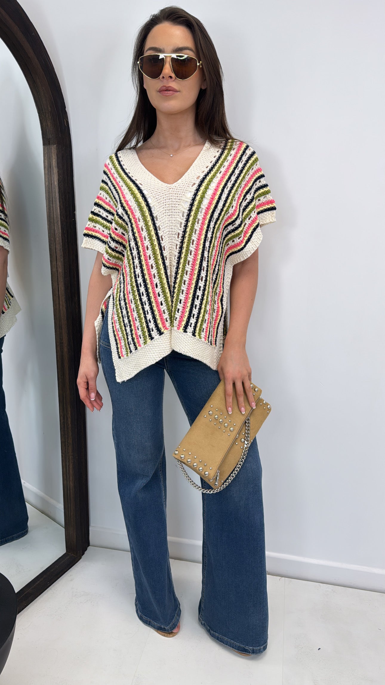 LIZA khaki and cream crochet v neck top