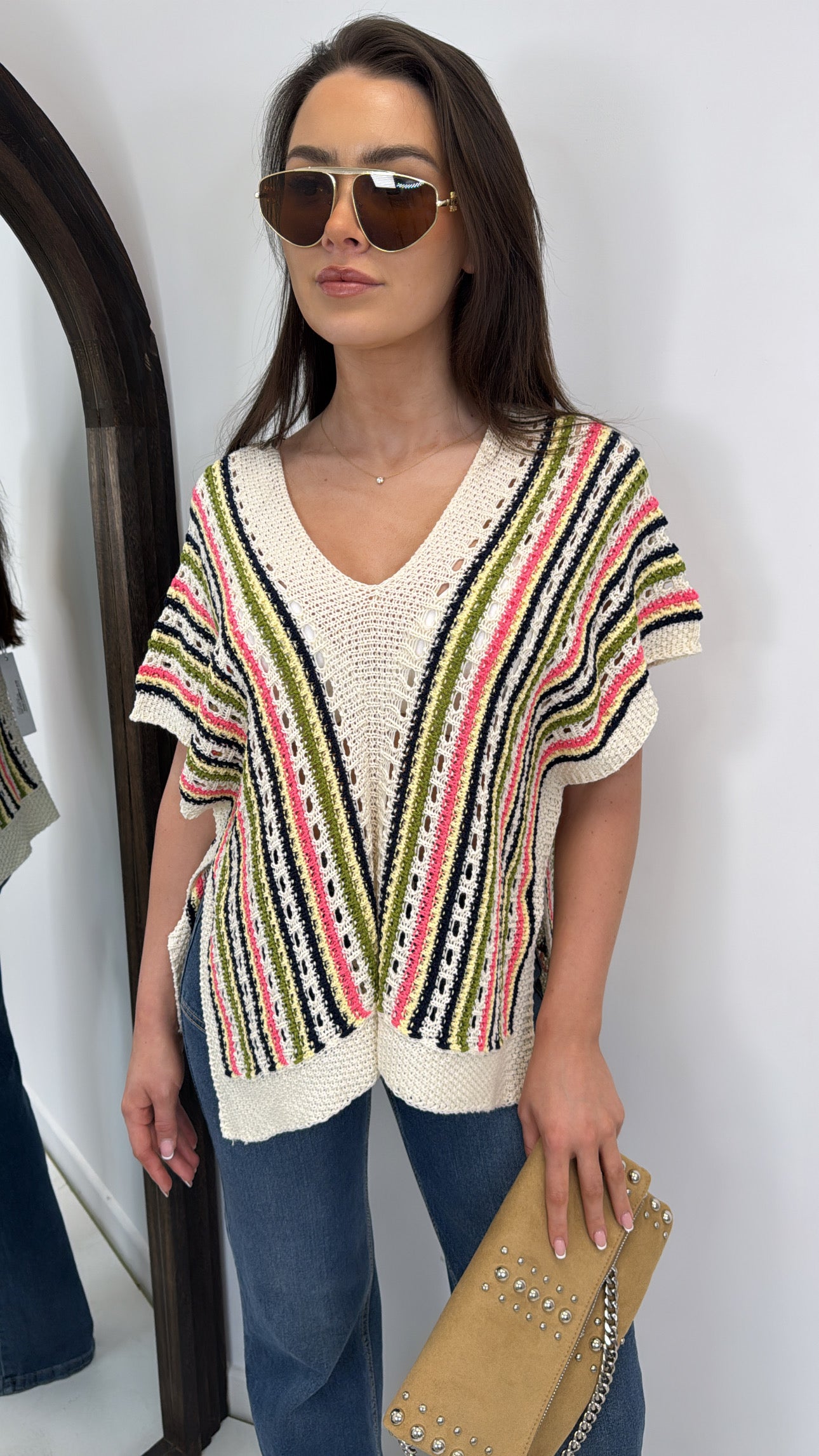 LIZA khaki and cream crochet v neck top
