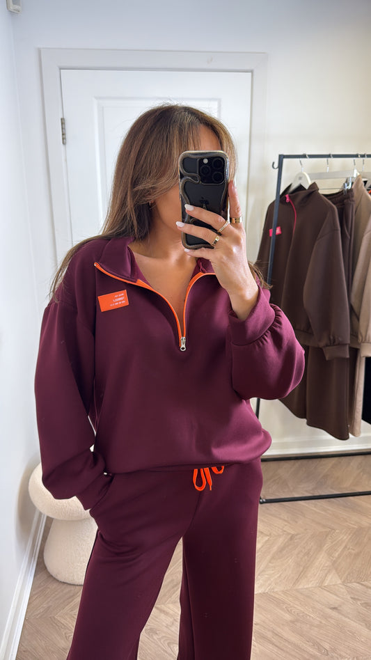 KIT burgundy super soft sweatshirt lounge set with neon contrast