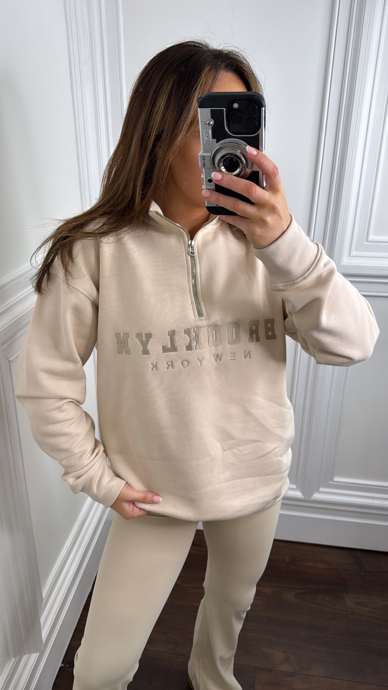 BROOKLYN beige half zip sweatshirt