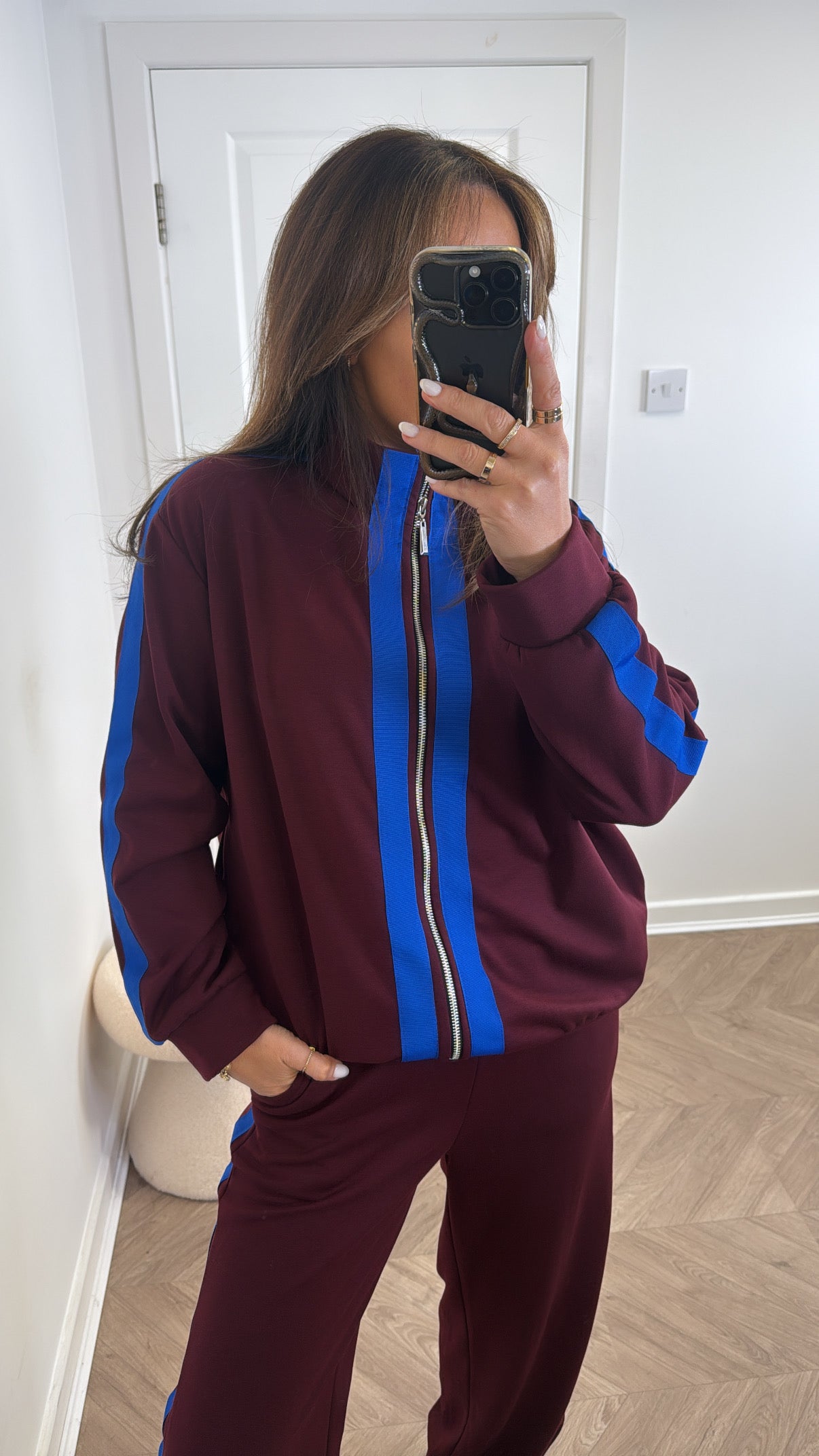 ORLA burgundy contrast stripe jacket and joggers tracksuit