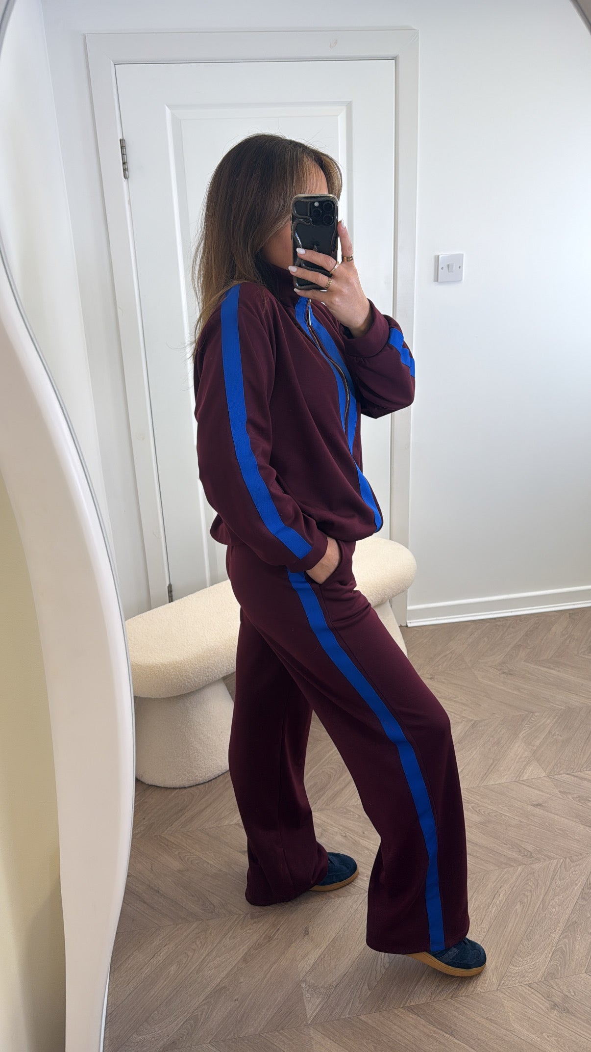 ORLA burgundy contrast stripe jacket and joggers tracksuit