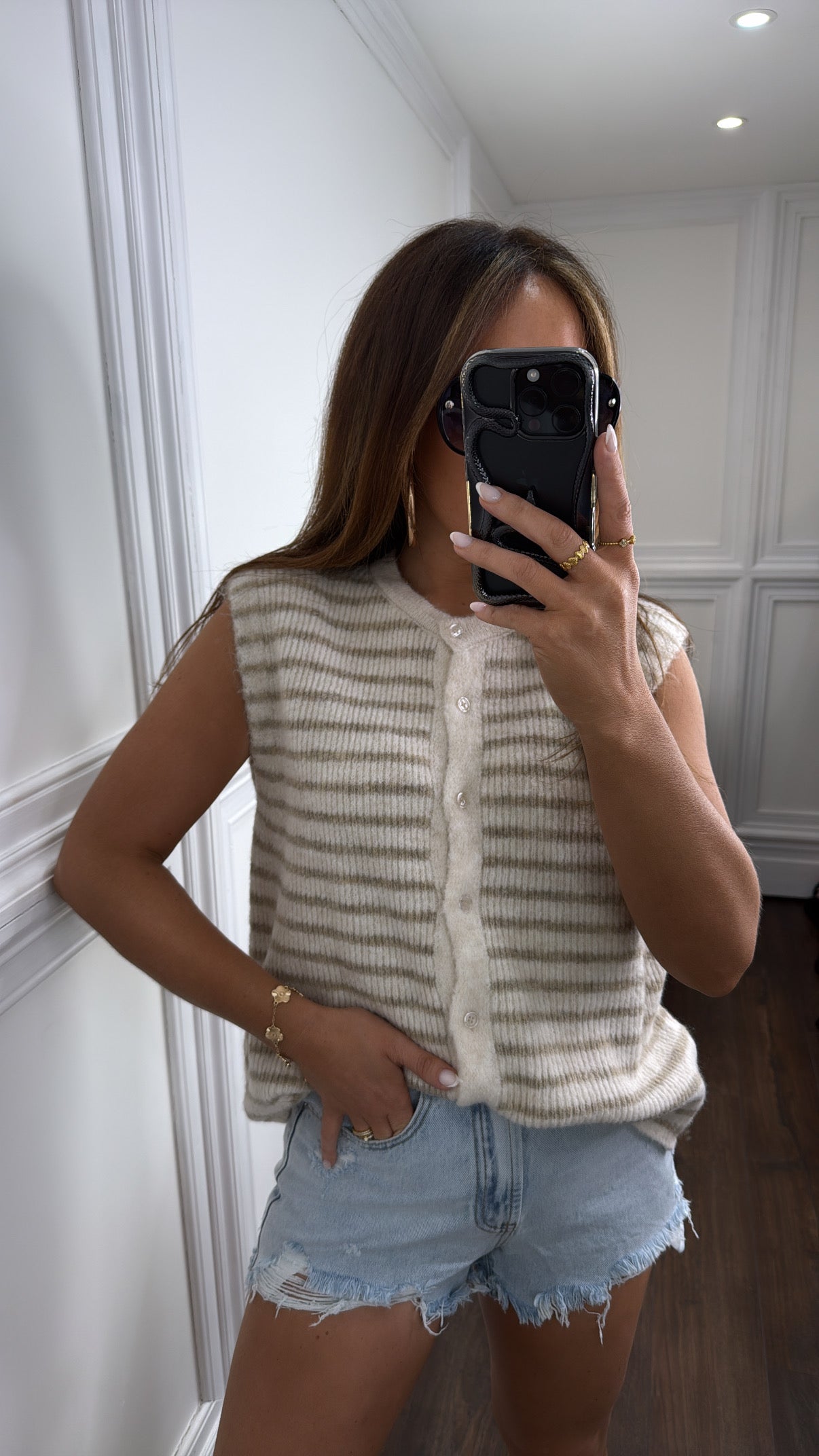 AINSLEY beige and cream stripe soft knit waist jacket top
