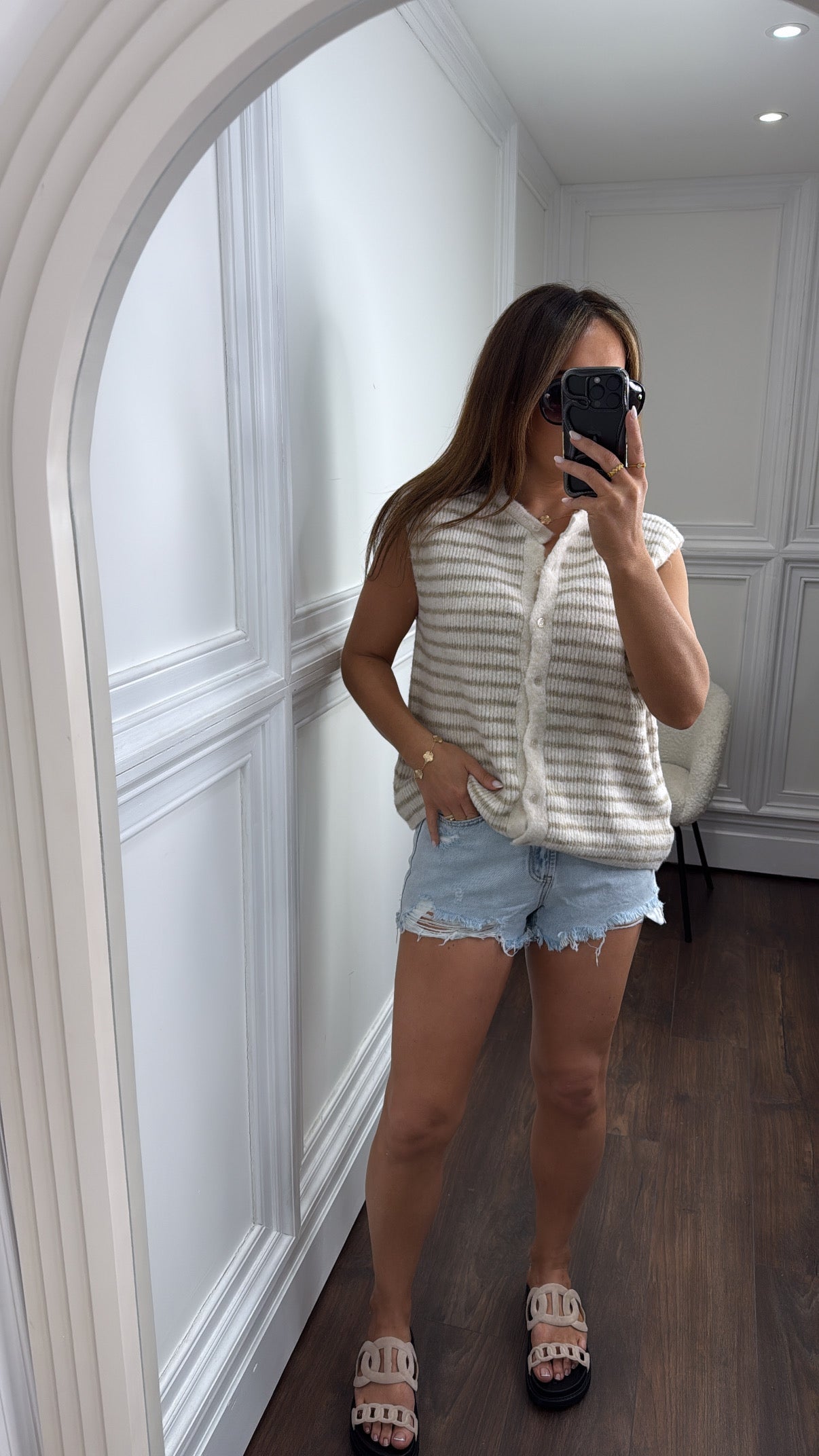 AINSLEY beige and cream stripe soft knit waist jacket top