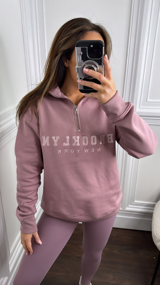 BROOKLYN mauve pink half zip sweatshirt