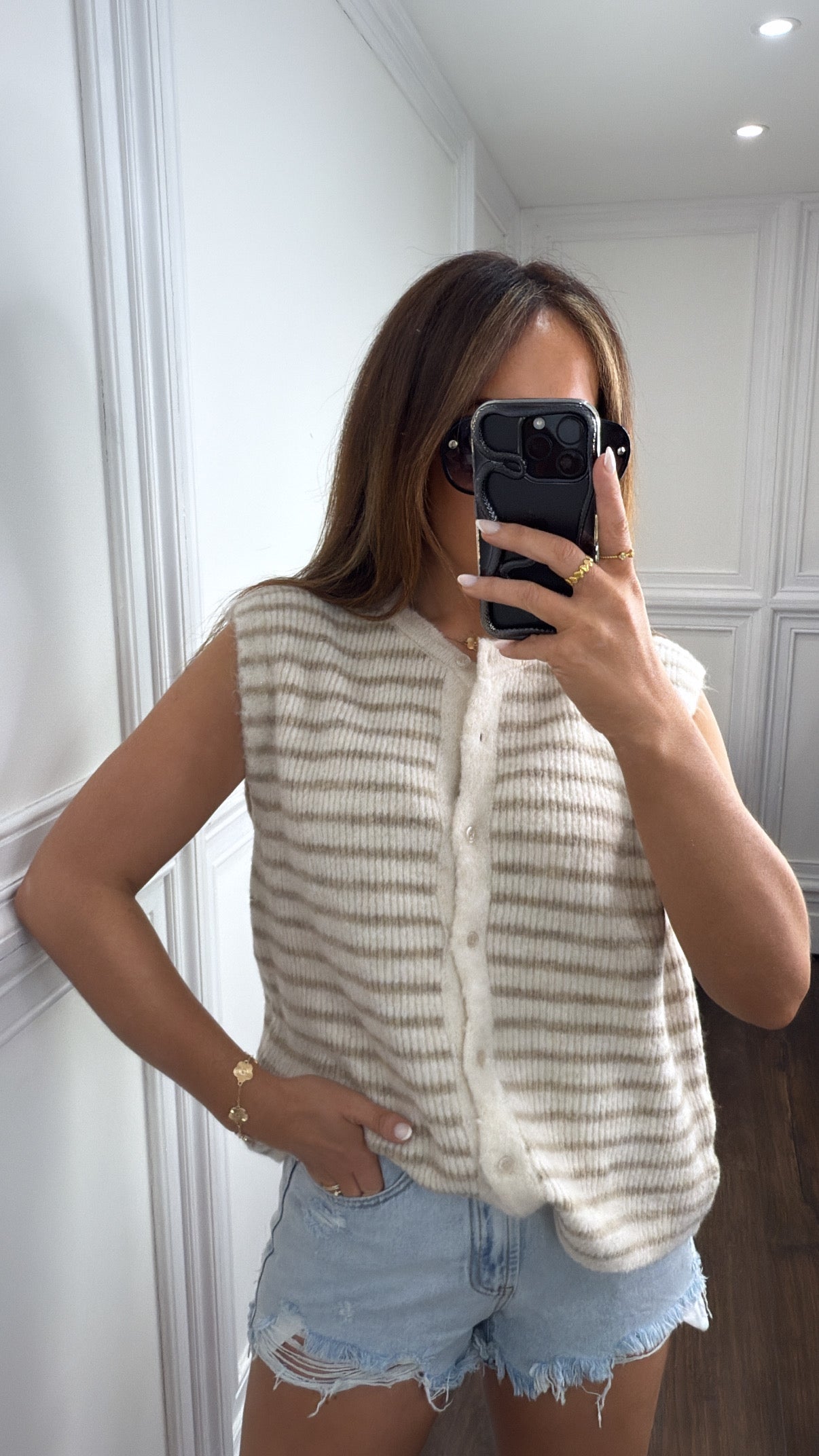 AINSLEY beige and cream stripe soft knit waist jacket top