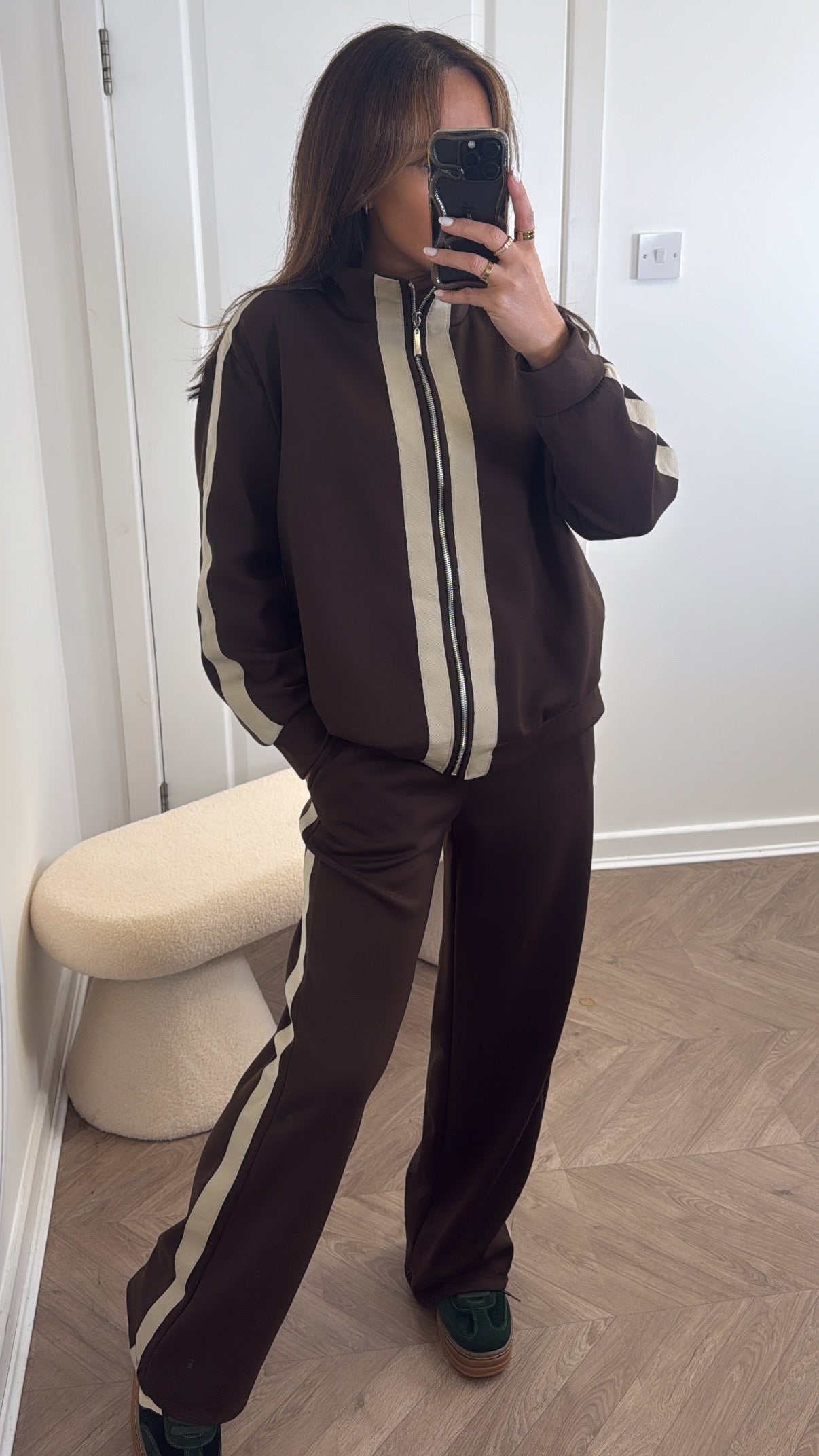 ORLA brown contrast stripe jacket and joggers tracksuit